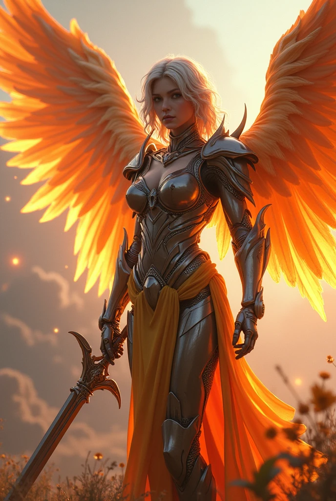 fire archangel Uriel,war effect,REAL - style image of a woman with a sword in a field, cyberpunk art inspired by Leng Mei, cgsociety contest winner, fantasy art, beautiful cyborg angel girl, angel knight girl, as a mystical valkyrie, battle angel, angel in plastic armor, mechanized valkyrie girl, unreal engine 4k wallpaper, wraith from apex legends, epic angel wings