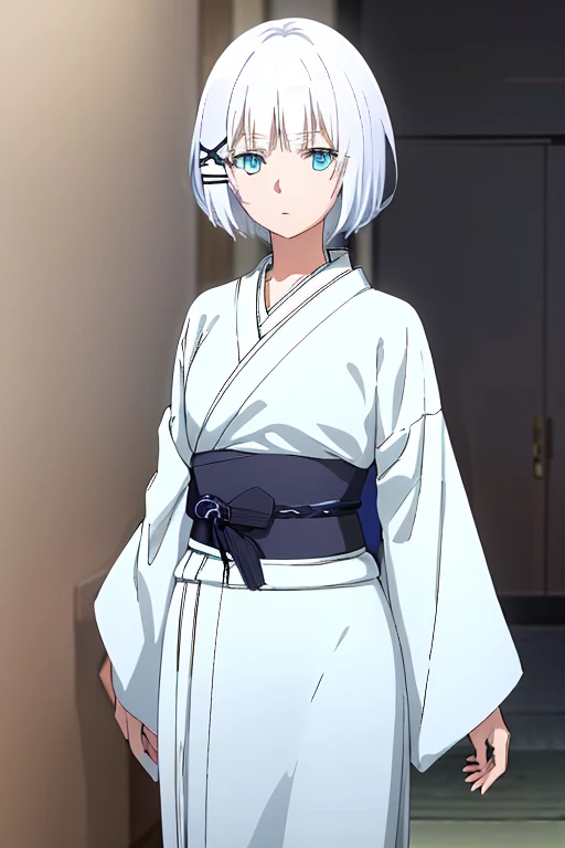 masterpiece, best quality, high quality, highres, official art, explicit, extremely detailed, ultra detailed, absurdres, very aesthetic, perfect composition, (POV), (siesta, blue eyes, short hair, white hair, hairclip, x hair ornament, bangs), (short yukata, furisode, bath yukata, uchikake)