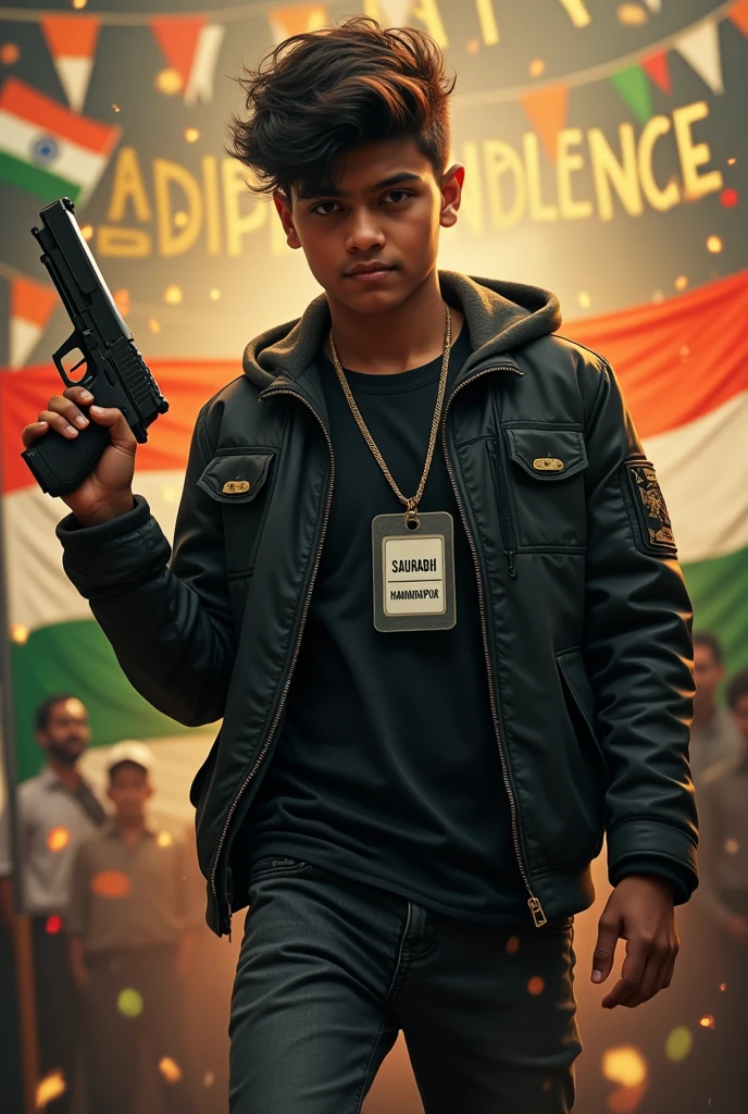 Make a photo of such an boy of 17 years.who looks like a gangster who is wearing a black Jacket and black jeans and has a gun in his hand SAURABH HARIHARPUR is written in White colour big size on the
His I'd card . He also smoking and there is happy Inpendencee in the background small golden text written. And he is waving the tricoler flag with Others hand.