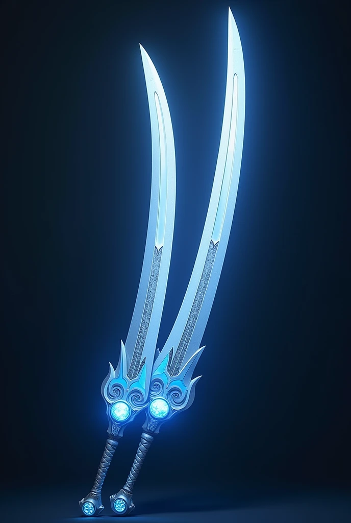 Twin blades, moon hilts, white and blue, gray handle, no people