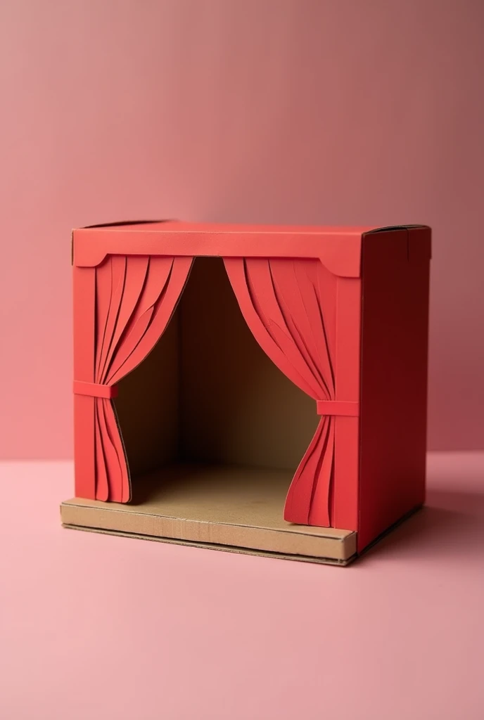 A simple craft of a theater made with cardboard, quite simple, very very very simple, with very simple red curtains.