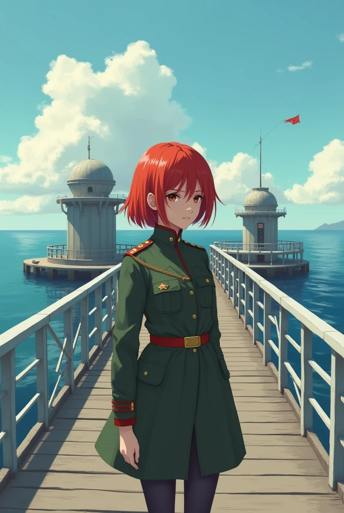 Ridiculous resolution, high resolution, (masterpiece: 1.4), Ultra Detail, Weapons testing site on an empty pier by the sea, 1 young woman,Soviet female soldiers，the 60&#39;s， Red short hair, soldier outfit, Very serious expression