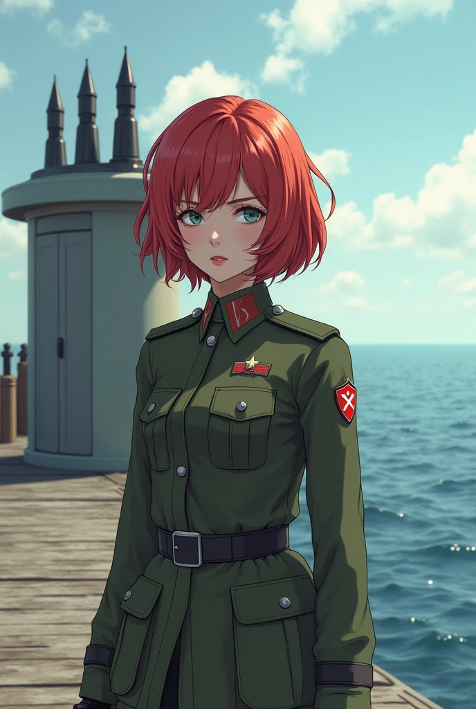 Ridiculous resolution, high resolution, (masterpiece: 1.4), Ultra Detail, Weapons testing site on an empty pier by the sea, 1 young woman,Soviet female soldiers，the 60&#39;s， Red short hair, soldier outfit, Very serious expression