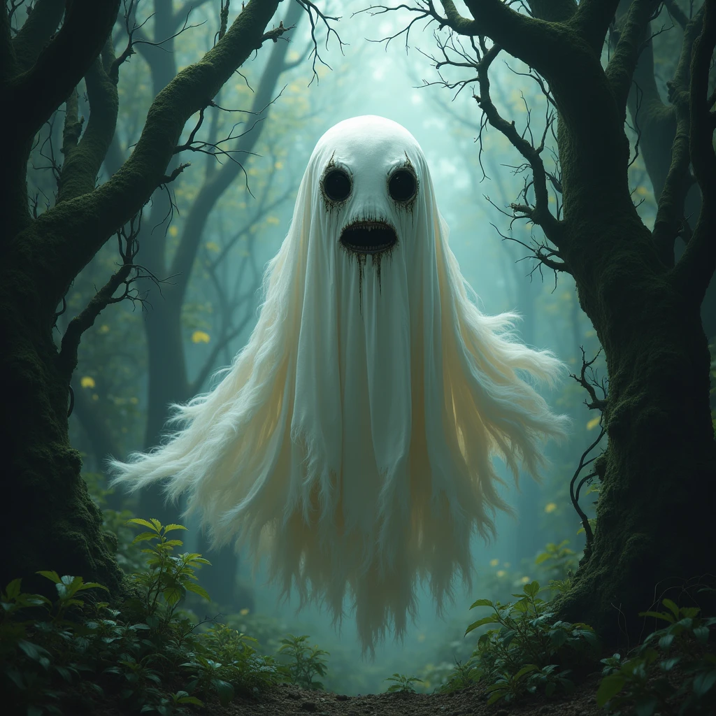 A close-up of a pure white, flat piece of fabric flying in the air、The cloth has eyes and a mouth drawn on it.、Overgrown with trees、there is a drawing of a sheet with eyes and mouth, floating sheet、That's horrible, Inspired by Alfred Kubin, Shadow Creatures, Mysterious Creatures, A cloak fluttering in the wind, Inspired by Charles Vess, Details where sinister creatures hide