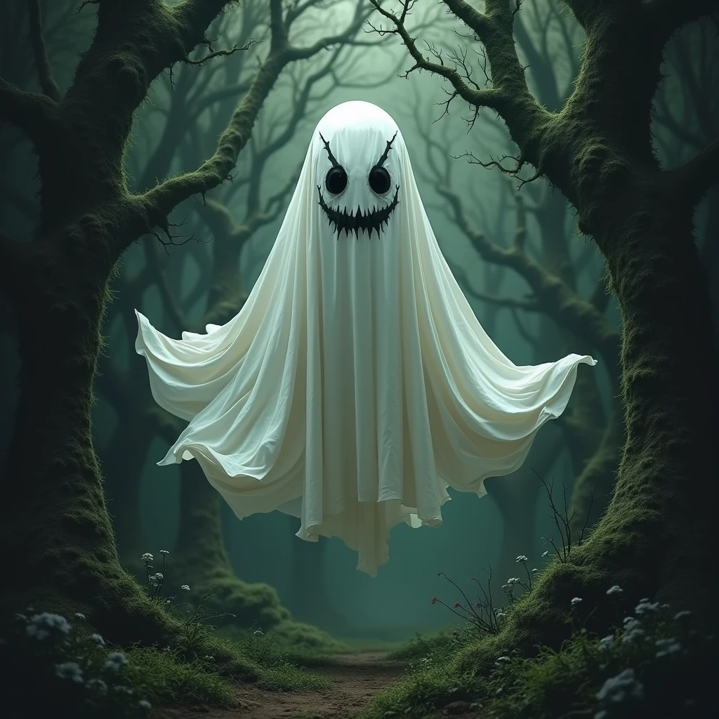 A close-up of a pure white, flat piece of fabric flying in the air、The cloth has eyes and a mouth drawn on it.、Overgrown with trees、there is a drawing of a sheet with eyes and mouth, floating sheet、That's horrible, Inspired by Alfred Kubin, Shadow Creatures, Mysterious Creatures, A cloak fluttering in the wind, Inspired by Charles Vess, Details where sinister creatures hide