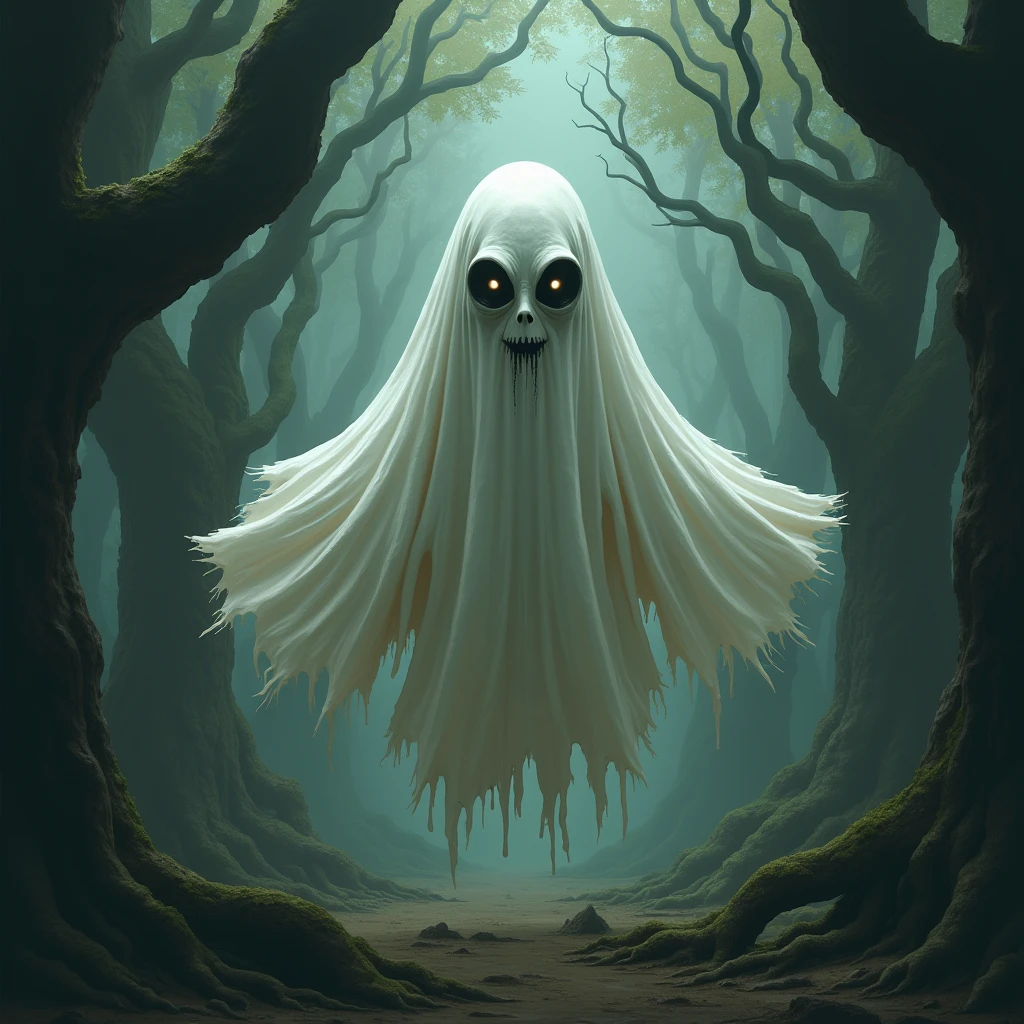 A close-up of a pure white, flat piece of fabric flying in the air、The cloth has eyes and a mouth drawn on it.、Overgrown with trees、there is a drawing of a sheet with eyes and mouth, floating sheet、That&#39;s horrible, Inspired by Alfred Kubin, Shadow Creatures, Mysterious Creatures,  A cloak fluttering in the wind, Inspired by Charles Vess, Details where sinister creatures hide