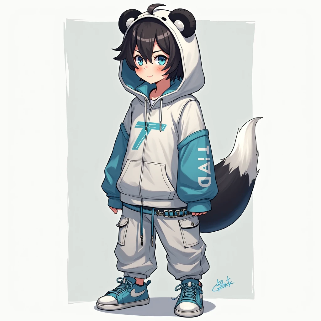 His right eye is covered by his hair, he is wearing a panda hood, and his hair is dark brown.。
The hoodie is unzipped and has a white and grey striped pattern on the inside and a light blue collar.。
Man with short hair!
Her eyes are light blue and bright like a lively child.々。
The panda hood has panda ears and the inside of the ears is light blue.。
It has eyes and the area around the pupil is light blue.。
Panda food is covered as if it is being eaten, but it has no teeth。
The hoodie has short sleeves and a grey hem.。The panda hoodie is based on white.。
The back of the hoodie has a gray-edged T-shaped slanted lettering with a deformed fox-like tail inside.wThere is something drawn under the vertical line of the T.。This also has a grey border.。
The pants are midway between the ankles and knees and have drawstrings at the bottom so they can be tightened.。
There is a chain around the belt loop that surrounds the pocket.。
The belt is light blue and the metal fittings are silver.。
The right belt has a fox tail-like decoration with a white to light blue gradient.。The tip of the tail is light blue!
The shoes are light blue in color with white fabric on the inside that spreads outwards.、The soles are also white。
Comes with white Velcro to keep it in place。