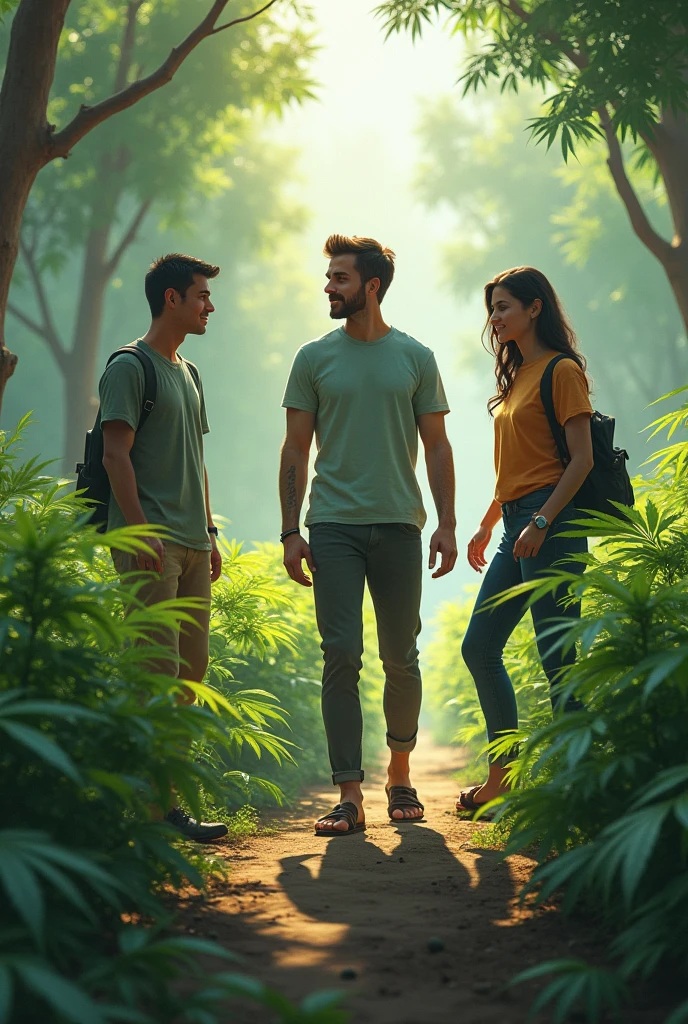Generate me an image of 3 discreet marijuana friends cleaning land but with the idea that we are marijuana smokers but not so lively
