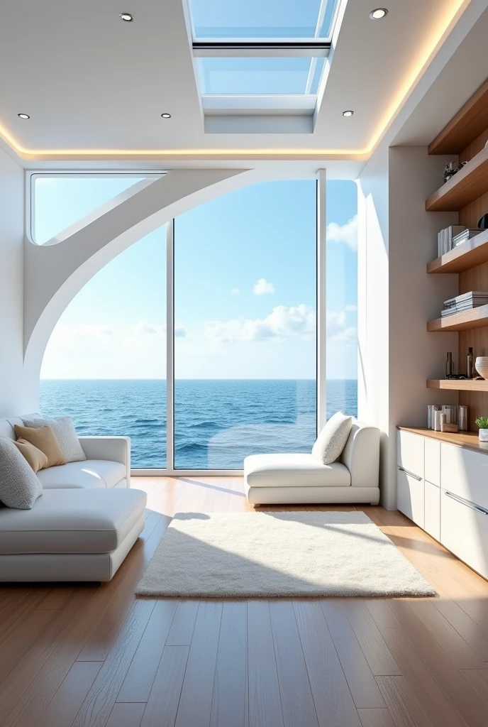The image shows the interior of a luxurious yacht with a beautiful view of the ocean. The yacht has a high ceiling with multiple skylights, allowing natural light to enter the space. The walls are painted white and there is a large window that offers a panoramic view that shows the ocean and the sky. The floor is made of wood and there are several white sofas and pillows scattered around the room. On the right side of the image, there are shelves with various items on them. The overall aesthetic of the yacht is modern and luxurious.