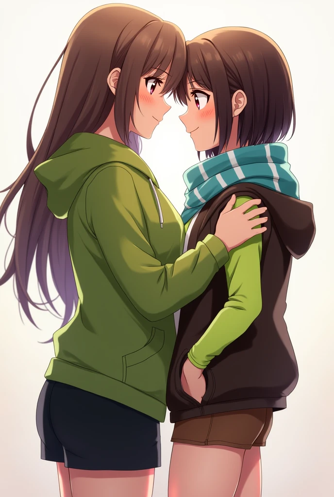 Two women:
Aredia: Long brown hair to the waist, black eyes, light brown tea. He is wearing a green hooded sweatshirt and black shorts and is also wearing a two-tone scarf. (blue and white) stomach 1.62
Chip: Short shoulder-length brunette with bangs, white skin and reddish brown eyes. Lleva puesta una polera manga larga verde limón junto con unos shorts marron y saco sin mangas con capucha marrón oscuro stomach 1.68 The situation: Both characters in profile, bumping foreheads looking into each other's eyes with a slight blush smiling