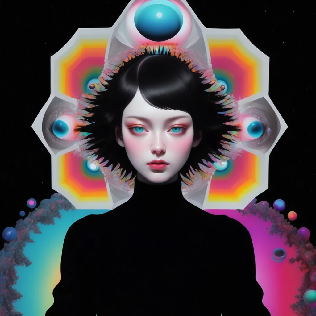 Eyeballs psychedelic view exquisite corpse trance-inducing radiant black and white rainbowglacing glitchmagazine collage cutout hexagonskin iridescent bismuth, kaleidoscopic dmt realm, lsd hallucination, gouache portrait in 4 point perspective view the moment at which the trippy fantasy repetitivized forever, loop theory, same same symmetry, blocked the galaxy above made out of invisible flame, by ray Caesar and Frederic, glitch anaglyph poster art, waterdrops, featured on pixiv, space art, 2d game art, cosmic, high contrast, neon