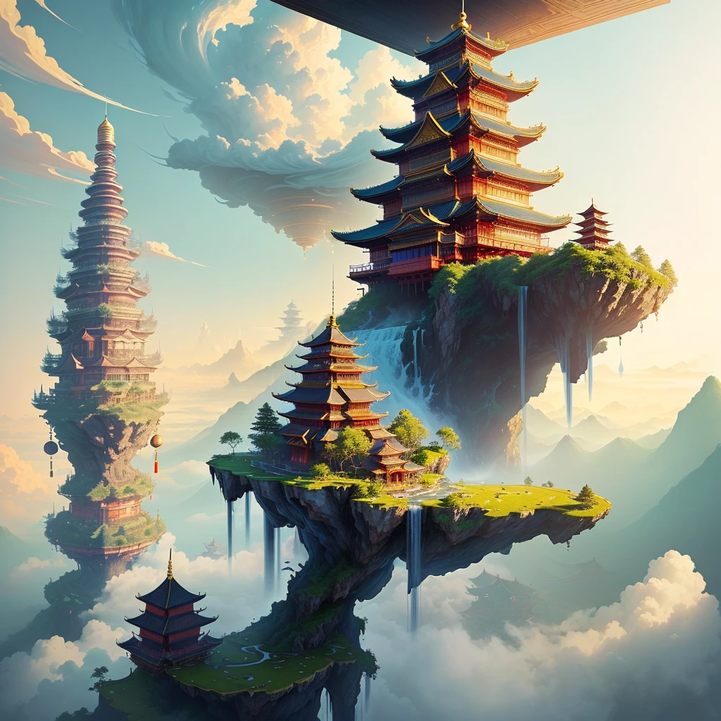 There is a painting of a waterfall and a pagoda, Floating Land in the Clouds, Chinese Fantasy, Cloud Temple, Floating city in the clouds, Feiyun Golden Castle, Detailed scenery , Beautiful wallpapers, Floating city in the sky, The floating palace, Flying island in the sky, Amazing wallpapers