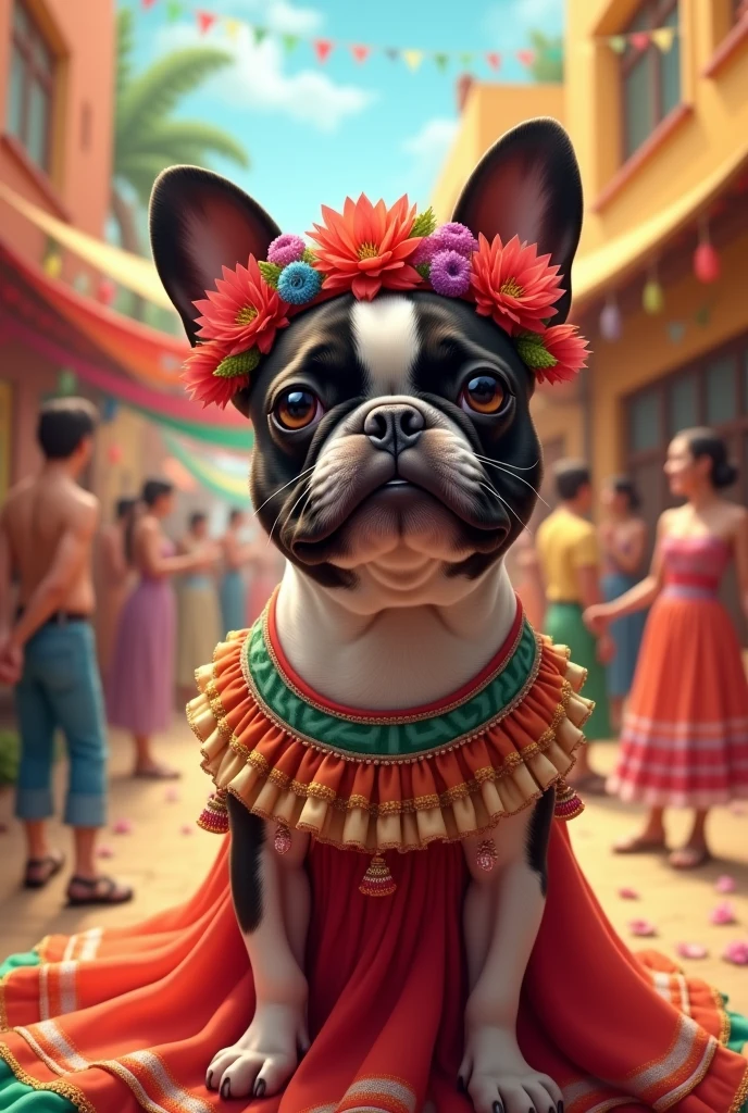 An image of a female French Bulldog dressed in Mexican themed clothing with Lele doll headband and Mexican dress, in the background a Mexican party 