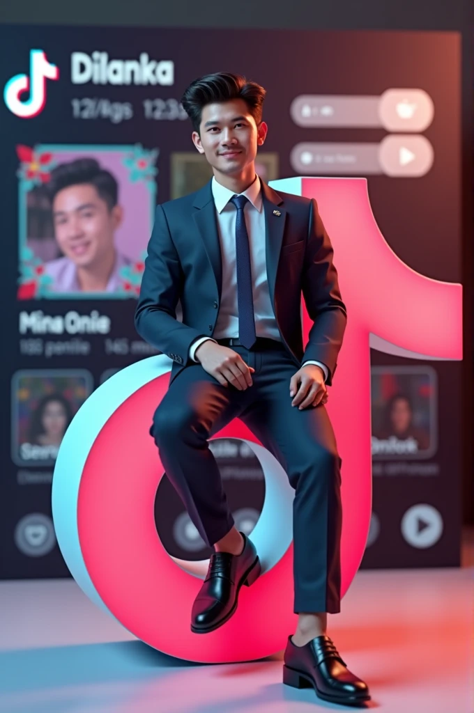 Prompt: Generate a 3D depiction of a charming young man in contemporary professional attire casually seated on the tiktok logo. The character should be placed against the backdrop resembling his tiktok profile page, featuring the username "Dilanka" and a profile picture matching the character's appearance.