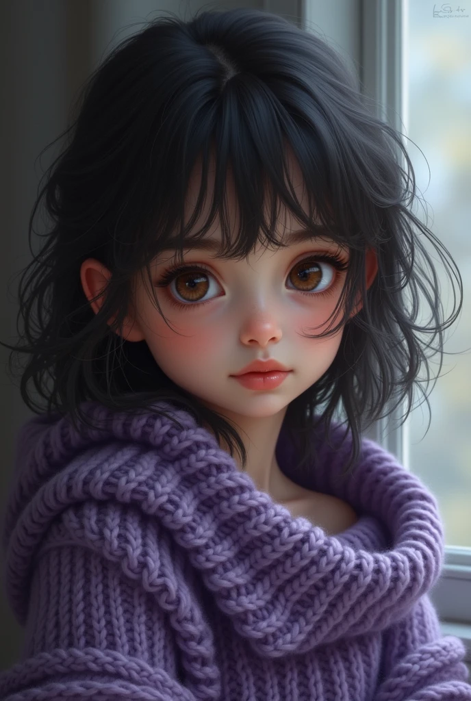 A girl with black hair and a purple sweater