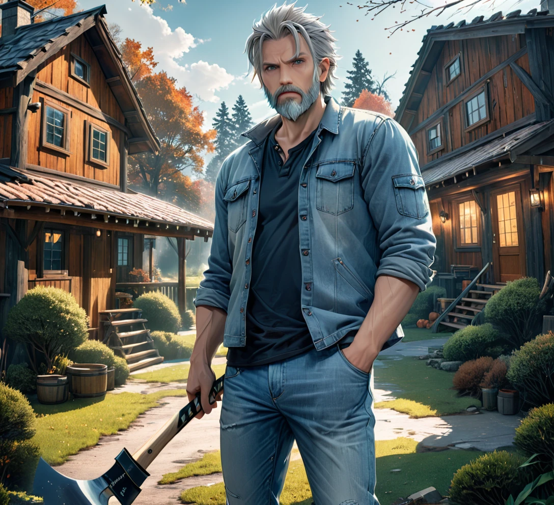 (masterpiece) finest quality, ultra-detailed, ultra-realistic, 40-year-old male, piercing gaze, average person, strong, short beard and gray hair, lumberjack shirt and slouchy jeans, (wielding his axe: 1.3) , in cold and bluish tones, in the background rustic houses and sometimes some vegetation, dynamic angle, high resolution display, realistic lighting and shadows, breathtaking.