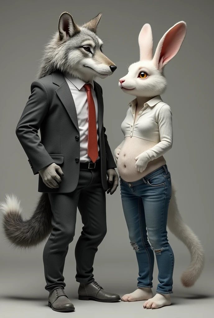 Furry porn full body semi realistic style , tall grey wolf milf with big tits and office clothes , next to a young, thin, white furry rabbit teenager dressed in jeans and a white shirt, with a long bulge in his pants 