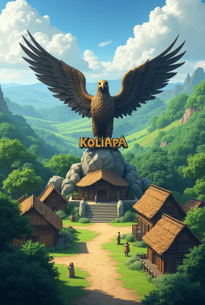 a (very beautiful) village on the edge of the forest ((beautiful savanna background)) with a statue of an eagle clutching the words Kolikapa village name (( Kolikapa)).