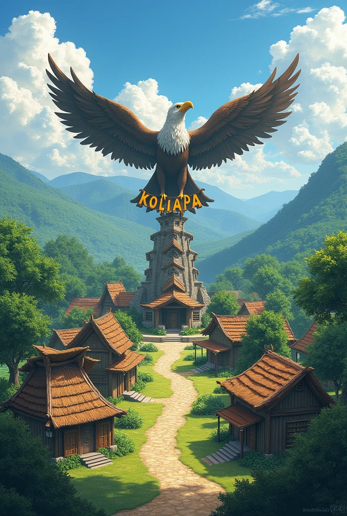 a (very beautiful) village on the edge of the forest ((beautiful savanna background)) with a statue of an eagle clutching the words Kolikapa village name (( Kolikapa)).
