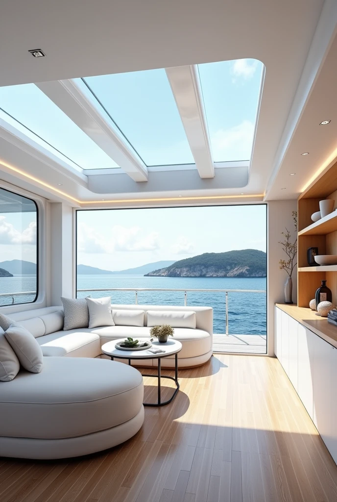 The image shows the interior of a luxurious yacht with a beautiful view of the ocean. The yacht has a high ceiling with multiple skylights, allowing natural light to enter the space. The walls are painted white and there is a large window that offers a panoramic view that shows the ocean and the sky. The floor is made of wood and there are several white sofas and pillows scattered around the room. On the right side of the image, there are shelves with various items on them. The overall aesthetic of the yacht is modern and luxurious.