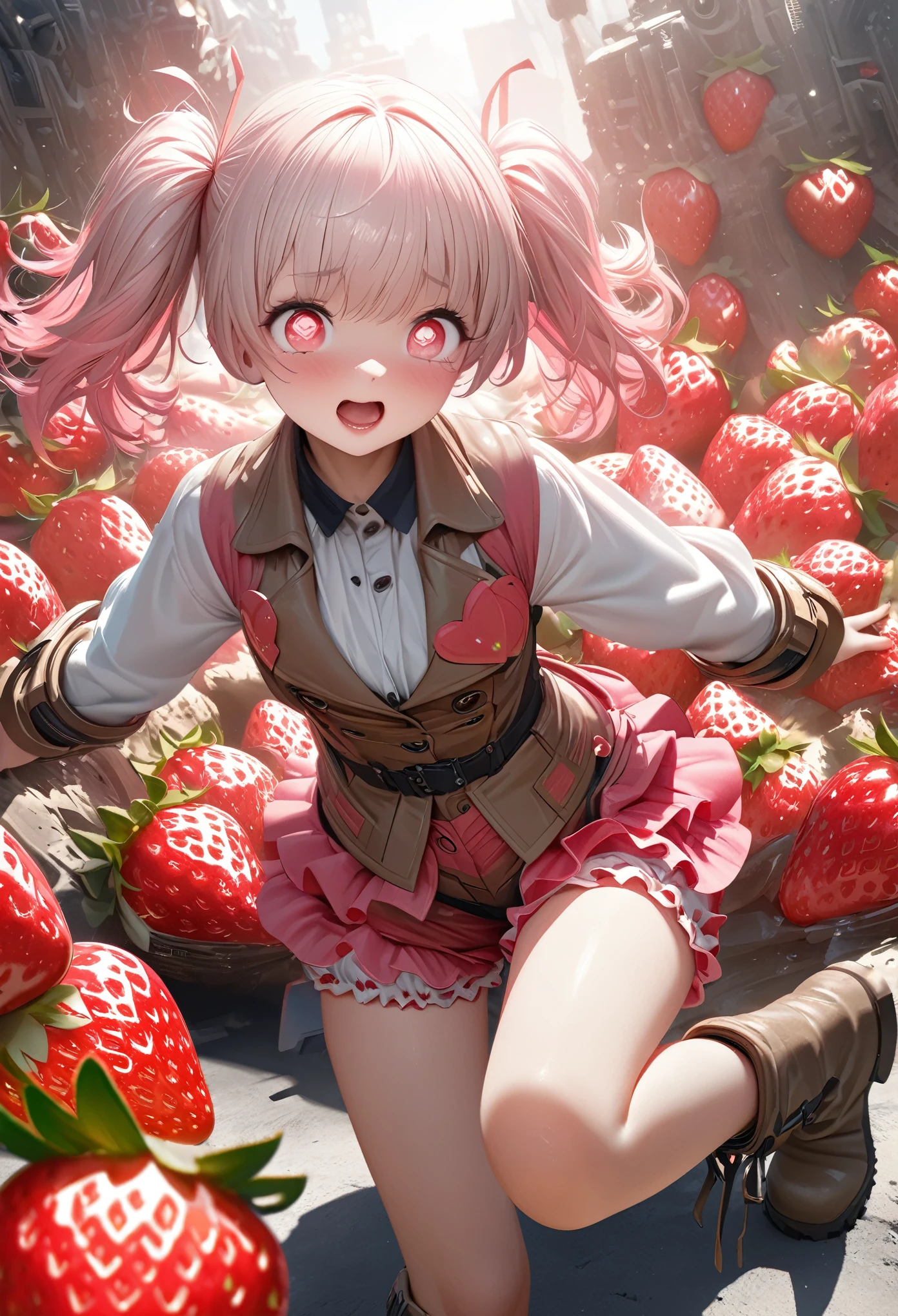 cute, White very short hair, (Big round eyes, Strawberry-shaped pupils), A lustful and lascivious face, light makeup, Pink short twin tails, イチゴにインスパイアされたcuteゆったりしたシャツを着ています, Strawberry-inspired ruffled shorts, Heavy engineer boots, Lots of strawberries in the background, Shading Effects, Gradient Magic Effect, Fresh effect, Cute effects, (Super detailed, The absolute solution, Highest quality:1.3), 2.5D, delicate and dynamic, Artistic photography, Ultra-realistic, Graphics CG Digital Art, Manga style