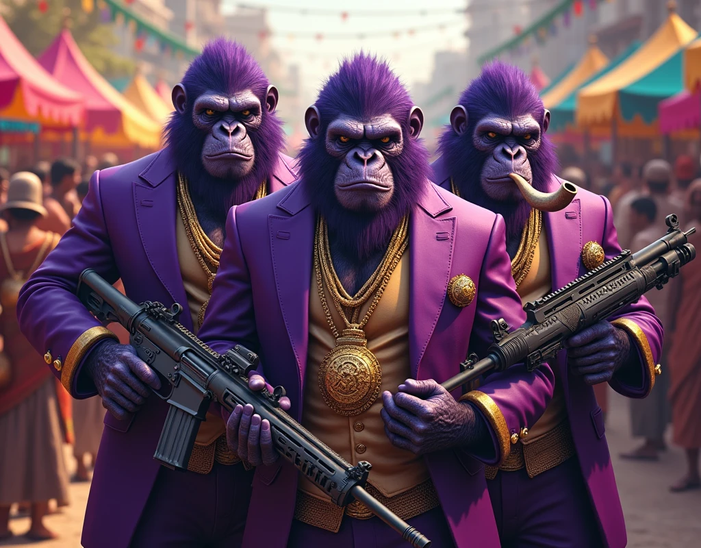  3 Purple Apes, With giant and high-caliber weapons, with gangster SUIT with chains, tattooed, with huge diamond and gold rings, smoking with a pipe, at an Indian fair