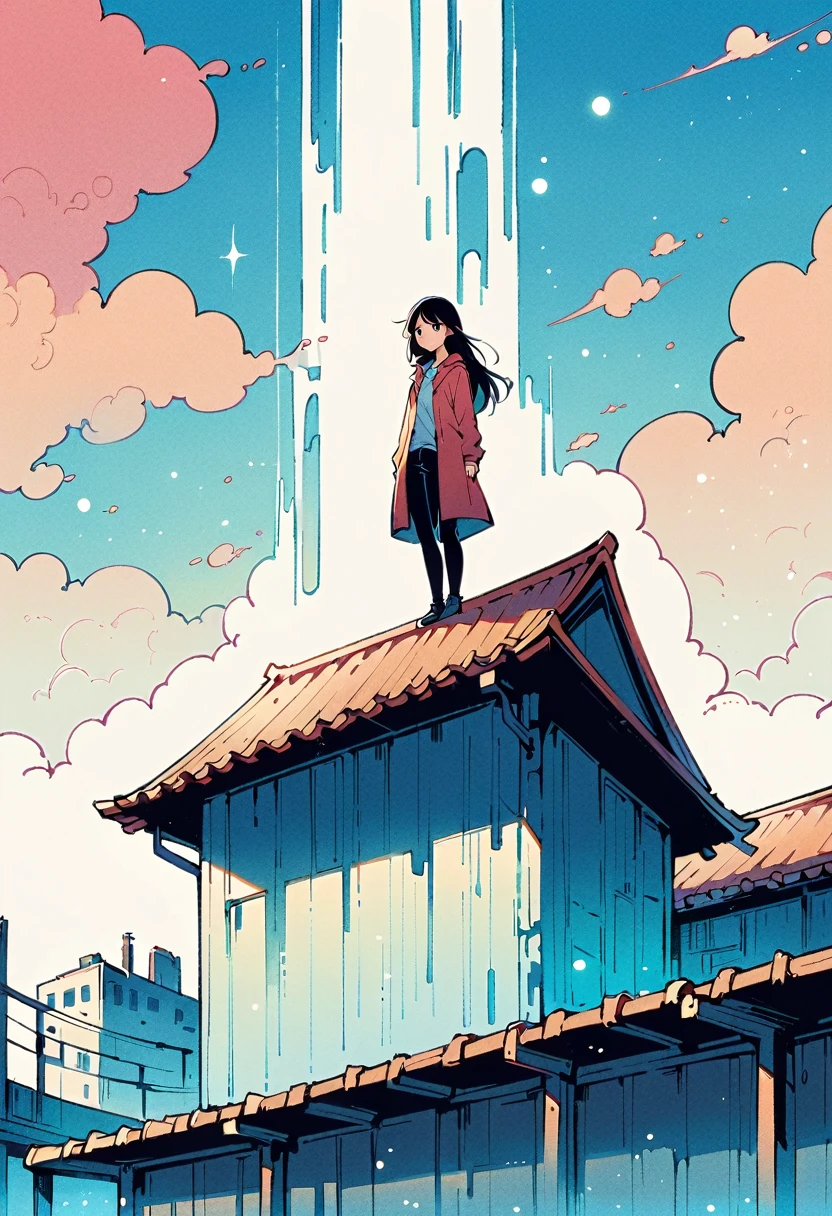 (Person standing on the roof:1.3)，Girl on the Rooftop，Simple lines，Minimalism，Abstract art，Urban Background