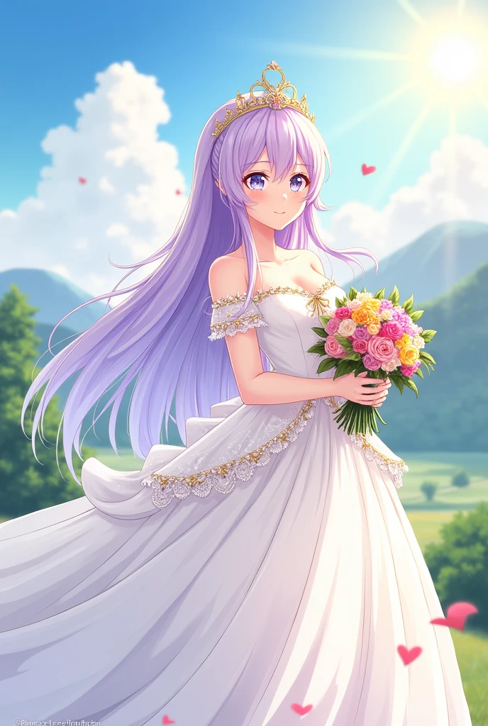 Draw Lisa, de genshin impact, in a wedding dress. Make it radiant and full of life, with a small crown on her head. Draw her with a bridal bouquet. anime style.