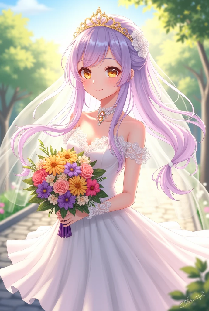 Draw Lisa, de genshin impact, in a wedding dress. Make it radiant and full of life, with a small crown on her head. Draw her with a bridal bouquet. anime style.