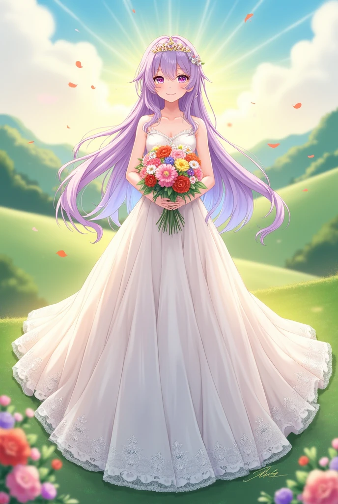 Draw Lisa, de genshin impact, in a wedding dress. Make it radiant and full of life, with a small crown on her head. Draw her with a bridal bouquet. anime style.