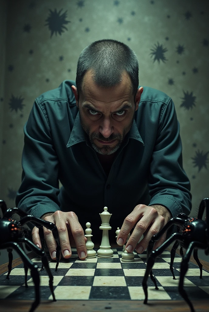 Adult man short hair, short closed beard with severe mental problems playing chess with some spiders