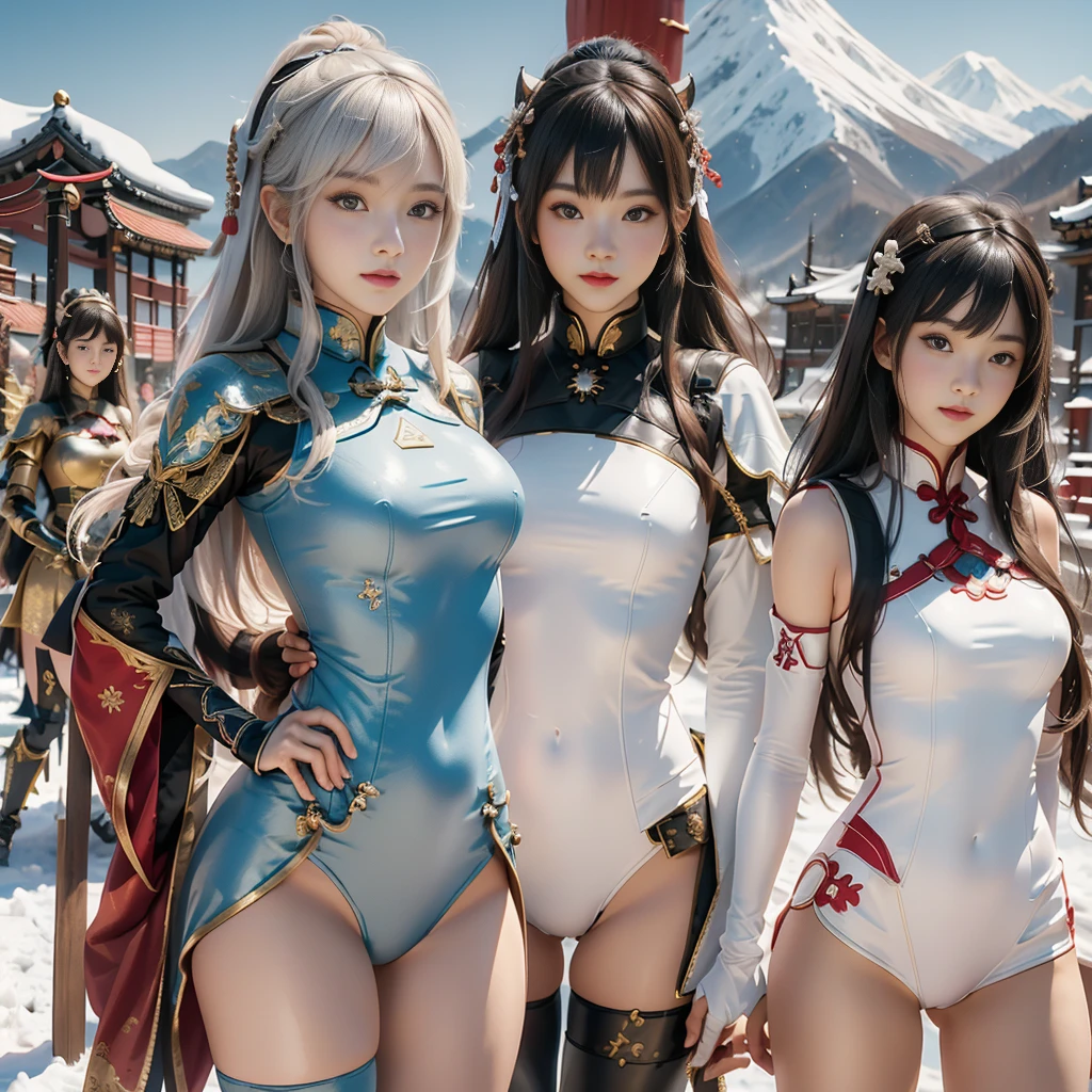 (Sketches), (number), Four girls posing side by side in dynamic poses, Note their white shaved legs, (中国皇族armor), (日本皇族armor), (日本皇族armor), (Empire Pension), (armor), , afternoon, Behind you are snow-capped mountains. Raw