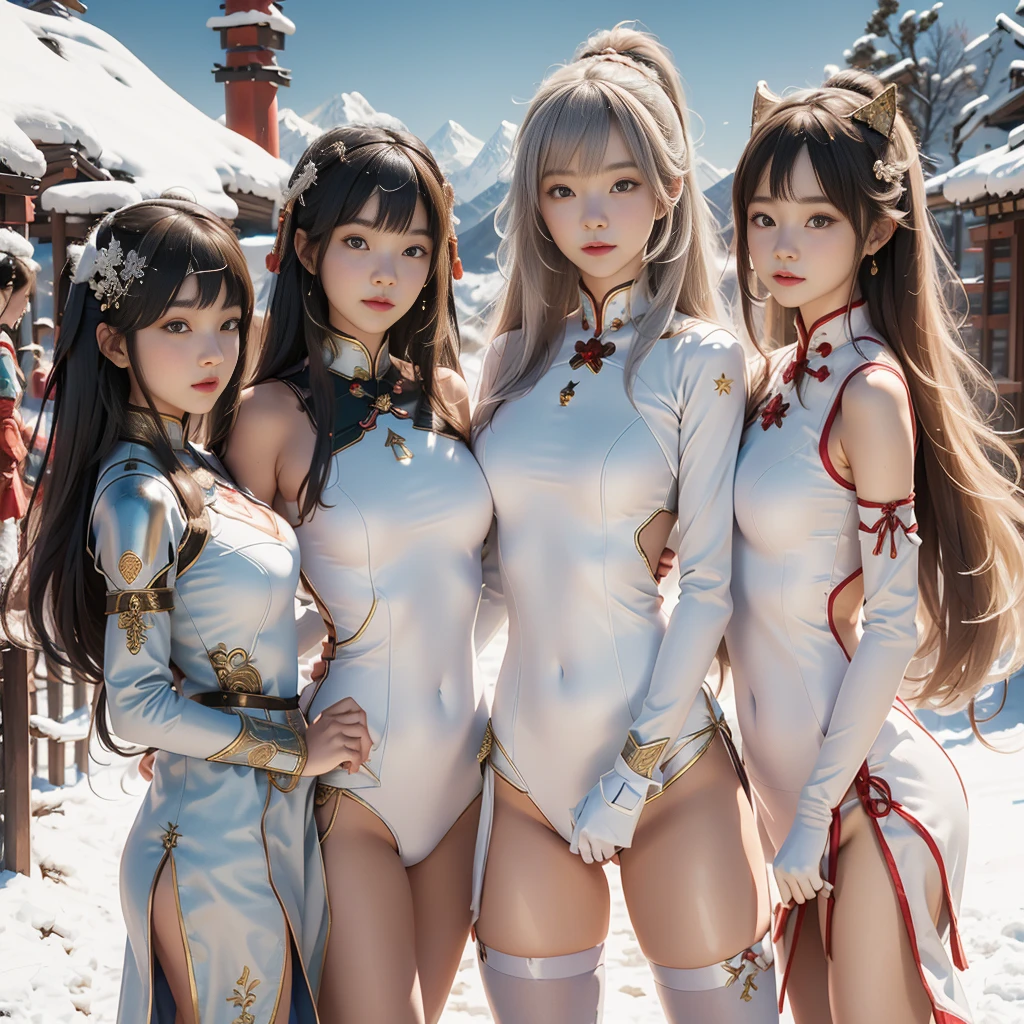 (Sketches), (number), Four girls posing side by side in dynamic poses, Note their white shaved legs, (中国皇族armor), (日本皇族armor), (日本皇族armor), (Empire Pension), (armor), , afternoon, Behind you are snow-capped mountains. Raw