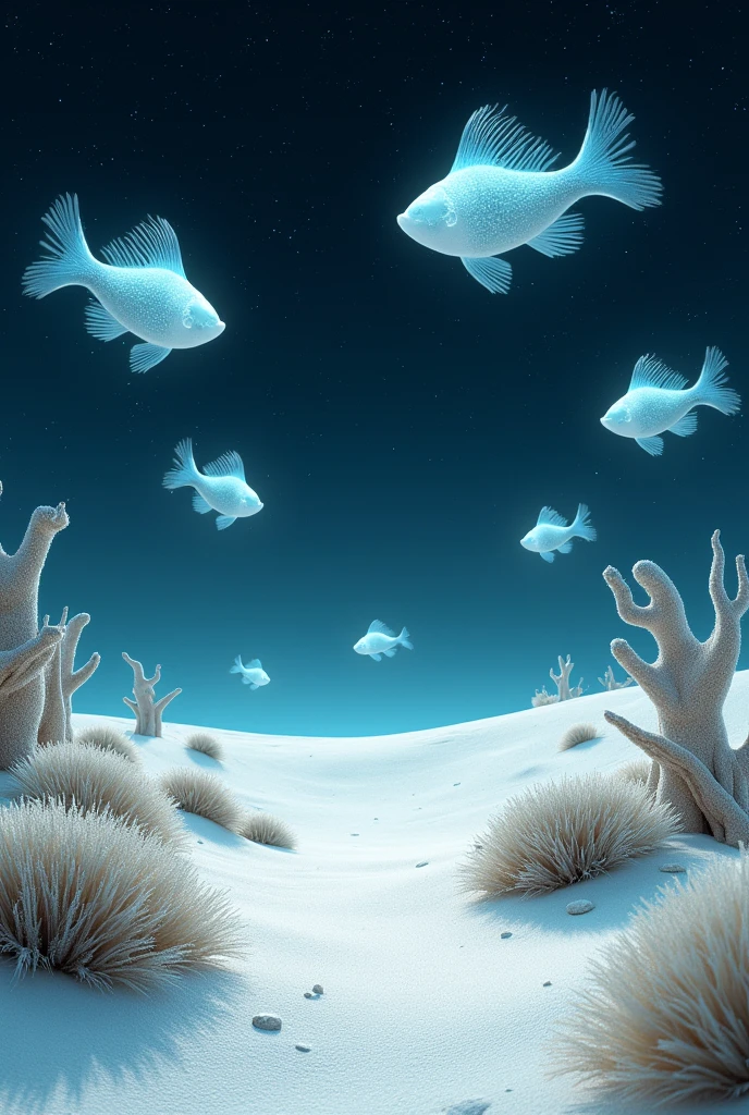 Generates a white sand desert with weird bushes in outer space, six translucent fish swimming in the night air covered with the universe, in the style of the movie Coraline.