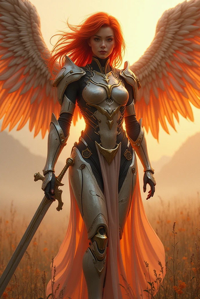 red hear,fire archangel Uriel,war effect,REAL - style image of a woman with a sword in a field, cyberpunk art inspired by Leng Mei, cgsociety contest winner, fantasy art, beautiful cyborg angel girl, angel knight girl, as a mystical valkyrie, battle angel, angel in plastic armor, mechanized valkyrie girl, unreal engine 4k wallpaper, wraith from apex legends, epic angel wings