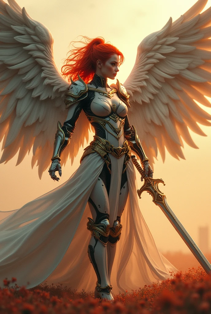 red hear,fire archangel Uriel,war effect,REAL - style image of a woman with a sword in a field, cyberpunk art inspired by Leng Mei, cgsociety contest winner, fantasy art, beautiful cyborg angel girl, angel knight girl, as a mystical valkyrie, battle angel, angel in plastic armor, mechanized valkyrie girl, unreal engine 4k wallpaper, wraith from apex legends, epic angel wings