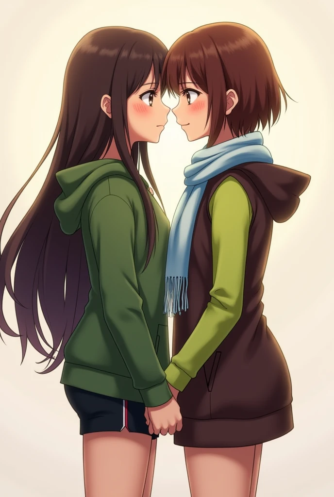 Two women:
Aredia: Long brown hair to the waist, black eyes, light brown tea. He is wearing a green hooded sweatshirt and black shorts and is also wearing a two-tone scarf. (blue and white) She is shorter than Chip, measuring 1.63
Chip: Short shoulder-length brunette with bangs, white skin and reddish brown eyes. He is wearing a lime green long-sleeved shirt along with brown shorts and a dark brown sleeveless hooded jacket.. She is taller than Aredia, stomach 1.68 The situation: Both characters in profile, bumping foreheads looking into each other's eyes with a slight blush smiling