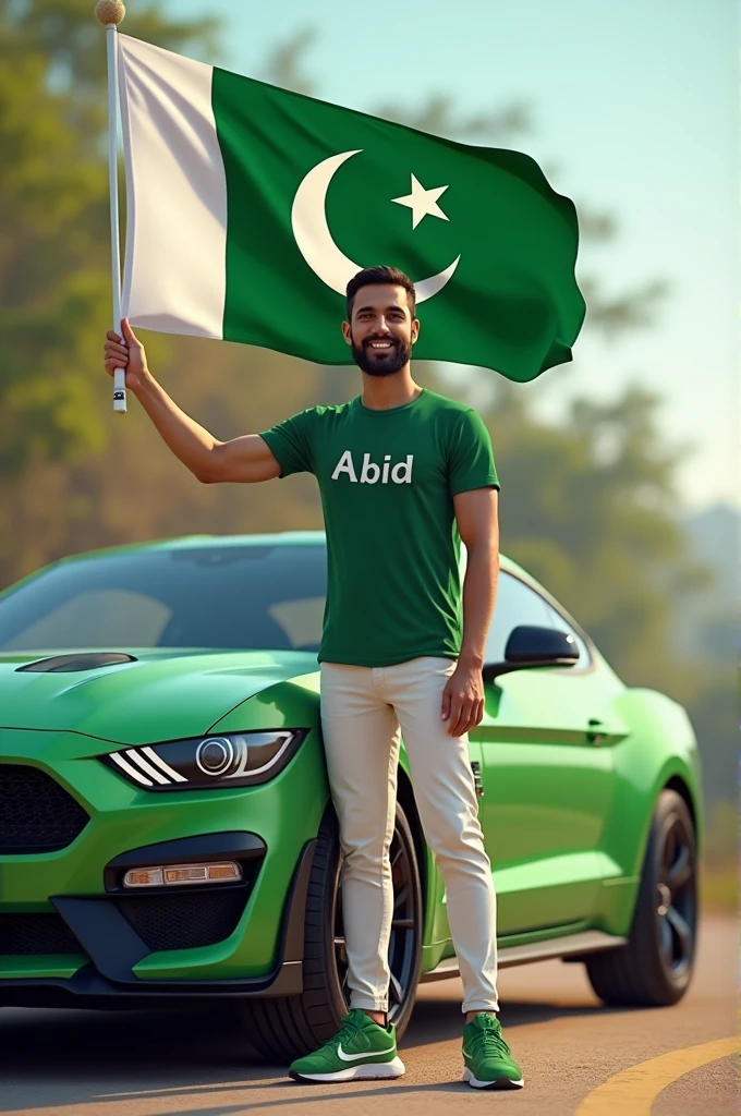Create an image a man has in his hand Pakistan flag and stand the car this car colour is green men pent colour is white and his shoes is green and his T shirt colour is green"Abid" name write in his T shirt