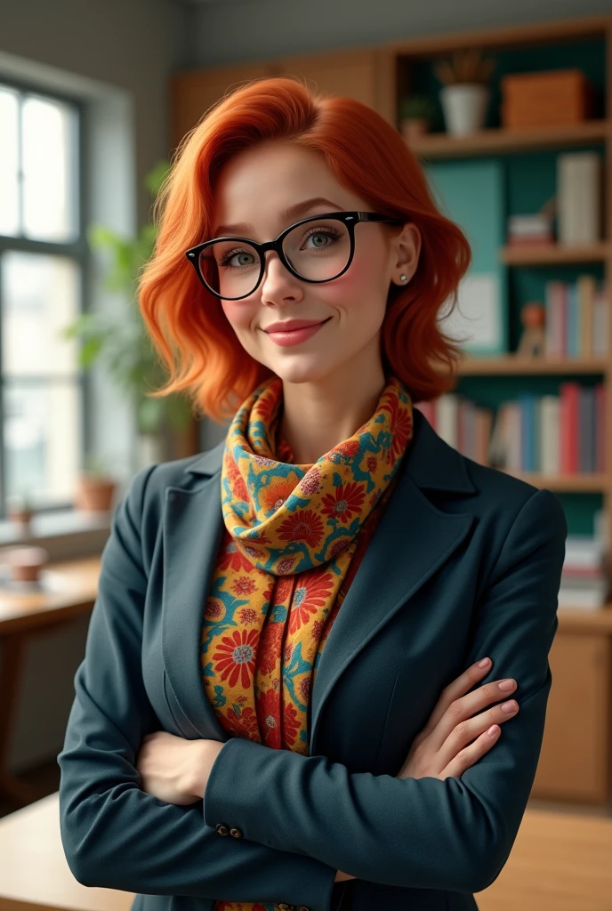 A female teacher with red hair and glasses
