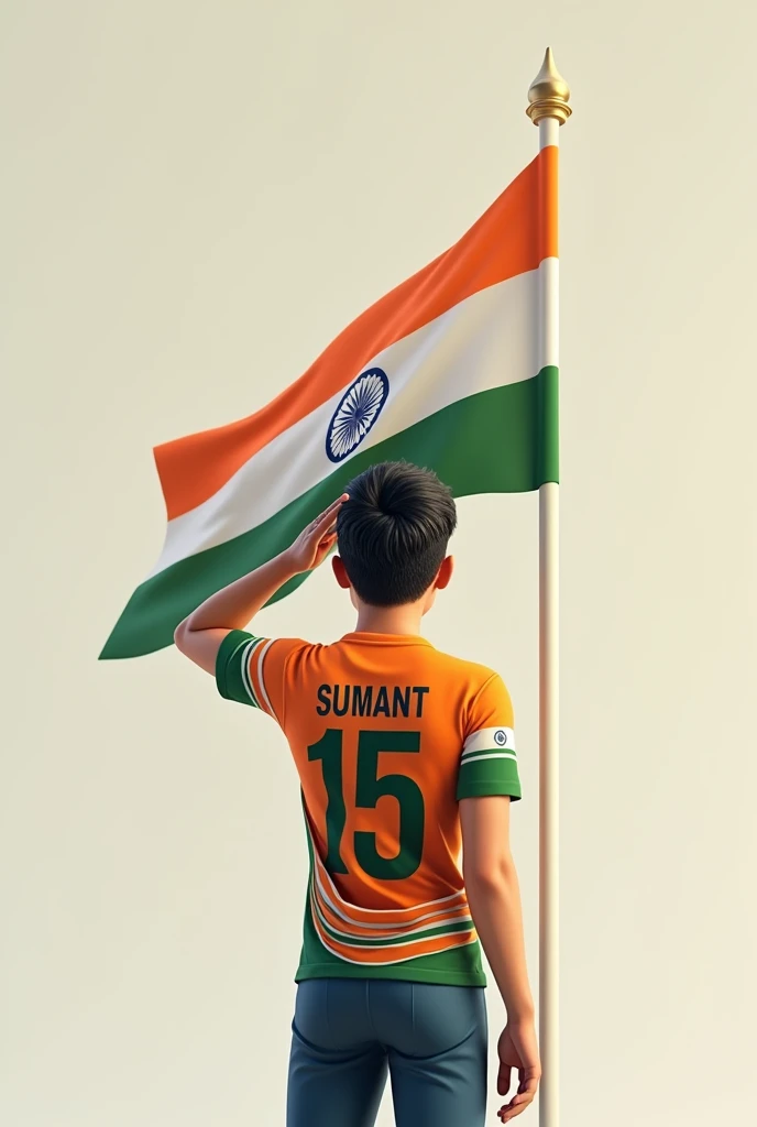 A 20 years old boy salutes the national flag of bharat and he is wearing a shirt print is like bharat flag and "SUMANT" and 15 number and independence day in small is written on it's back in big and bold fonts, 3d illustration