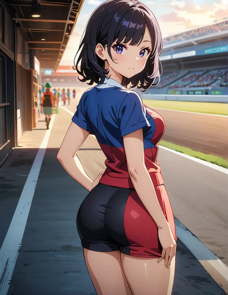 (anime artwork, anime style, studio anime, very detailed, up to date, vibrant, Anime Coloring, high contrast, masterpiece:1.2, best quality, best aesthetics),1 girl, Medium chest,random hair, One eye is hidden by the bangs, perfect proportions, high detail skin, Cute, detailed faces,racetrack for automobile races, precise fingers,curvy,paddock girl, from behind,full body,
