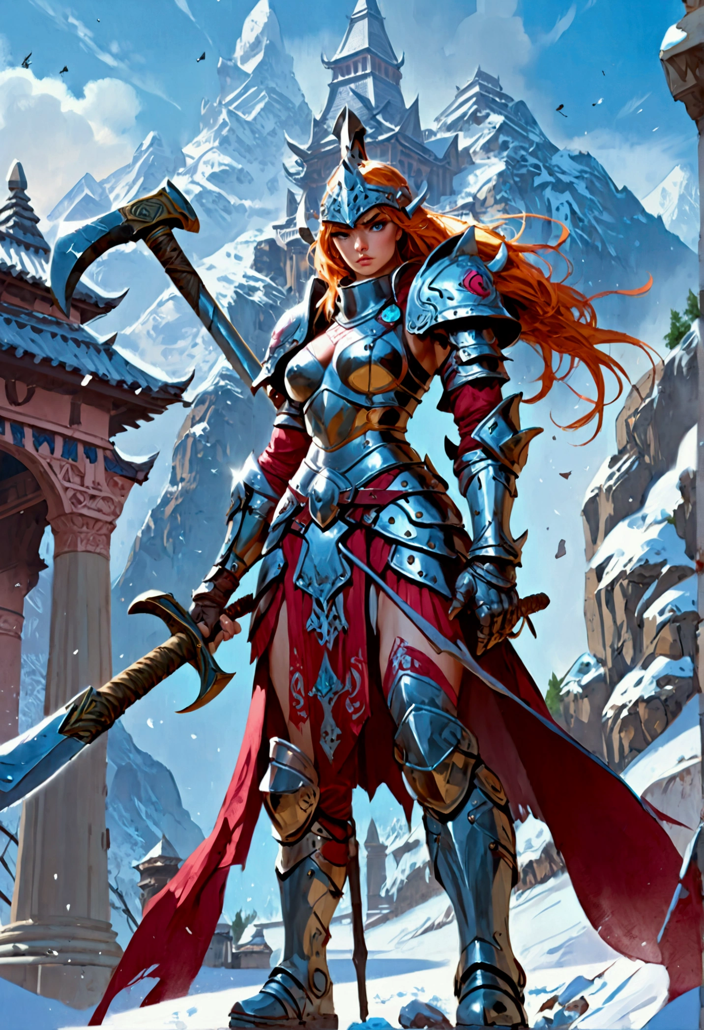 aa fantasy art illustration of a female giant knight armed with a ((mighty battleaxe: 1.5)) standing at the temple gates built on snowy mountain, (((she is as tall as the mountain: 1.3))) a wild beautiful, exotic beautiful giant knight, ((anatomically correct: 1.5), (ultra detailed face: 1.2), best detailed face, dynamic hair color, dynamic hair style, armed with a giant axe, shiny axe, its blade reflects the sunlight, studded with gems, wearing metal armor, dynamic armor color, wearing high heeled boots, standing near a fantasy temple, magnificent temple, with a tower, on snowy mountain (((she is as tall as the mountain:1.3))), vibrant, Hyperrealism style, vibrant, Ultra-high resolution, High Contrast, (masterpiece:1.5), highest quality, Best aesthetics), best details, best quality, highres, ultra wide angle, 16k, [ultra detailed], masterpiece, best quality, (extremely detailed) RAW, rpg portrait battleaxe Dark Art Painting Style