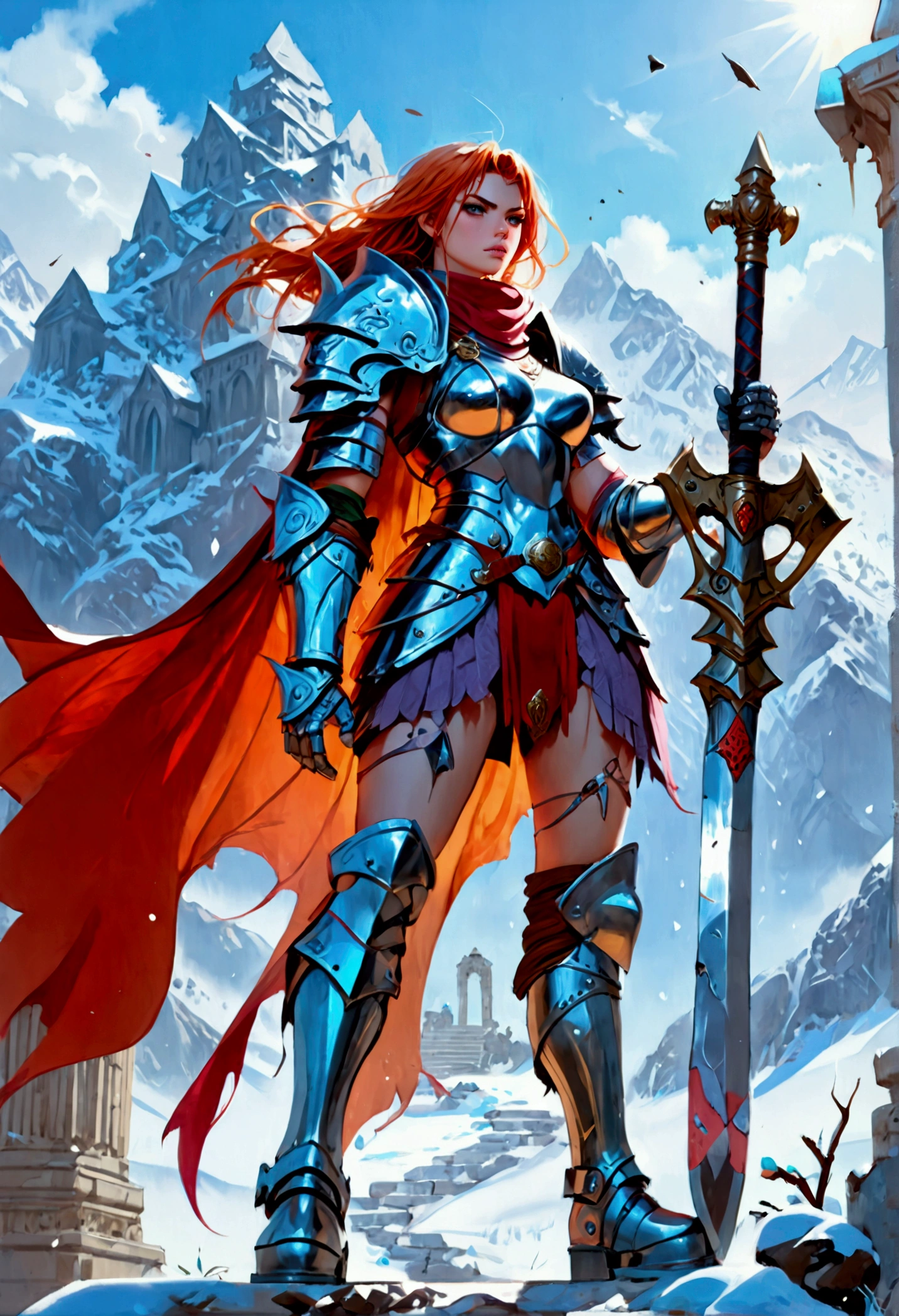 aa fantasy art illustration of a female giant knight armed with a ((mighty battleaxe: 1.5)) standing at the temple gates built on snowy mountain, (((she is as tall as the mountain: 1.3))) a wild beautiful, exotic beautiful giant knight, ((anatomically correct: 1.5), (ultra detailed face: 1.2), best detailed face, dynamic hair color, dynamic hair style, armed with a giant axe, shiny axe, its blade reflects the sunlight, studded with gems, wearing metal armor, dynamic armor color, wearing high heeled boots, standing near a fantasy temple, magnificent temple, with a tower, on snowy mountain (((she is as tall as the mountain:1.3))), vibrant, Hyperrealism style, vibrant, Ultra-high resolution, High Contrast, (masterpiece:1.5), highest quality, Best aesthetics), best details, best quality, highres, ultra wide angle, 16k, [ultra detailed], masterpiece, best quality, (extremely detailed) RAW, rpg portrait battleaxe Dark Art Painting Style