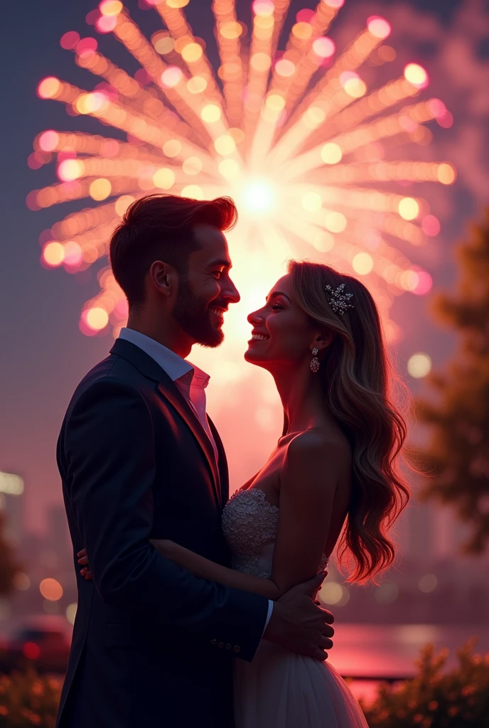 A man with his beautiful wife enjoying fireworks, romantic