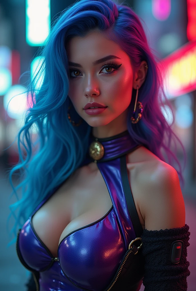 A close-up portrait of a model in a photo studio (dressed in a cosplay costume as Jinx from the Arcane League of Legends), a young and sexy woman, realist, beautiful , (Derevschikova: 1.5), beautiful y seductora, perfect nose, ultra beautiful, with its long, perfect beautiful, realist, epic beautiful, 8k, fuji xt3, untrimmed, premium wide open city ” big breasts