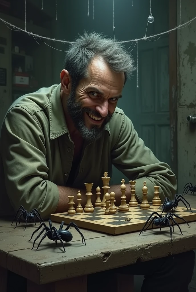 Adult man short hair, short bearded man with severe mental problems who looks happy about his departure, playing chess with some spiders