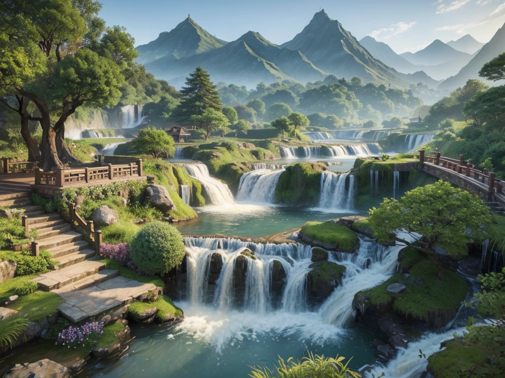 There is a waterfall,There is a pagoda in the middle, Golden Falls, 4k highly detailed digital art, Stunning fantasy 3D rendering, Detailed Dreams, 4K detail fantasy, Impressive fantasy landscape, Beautiful and detailed fantasy, Beautiful rendering of the Tang Dynasty, 3d rendering digital art, Landscape Art Detail, Inspired by Ma Yuan, Beautiful landscape rendering,Acrylic art