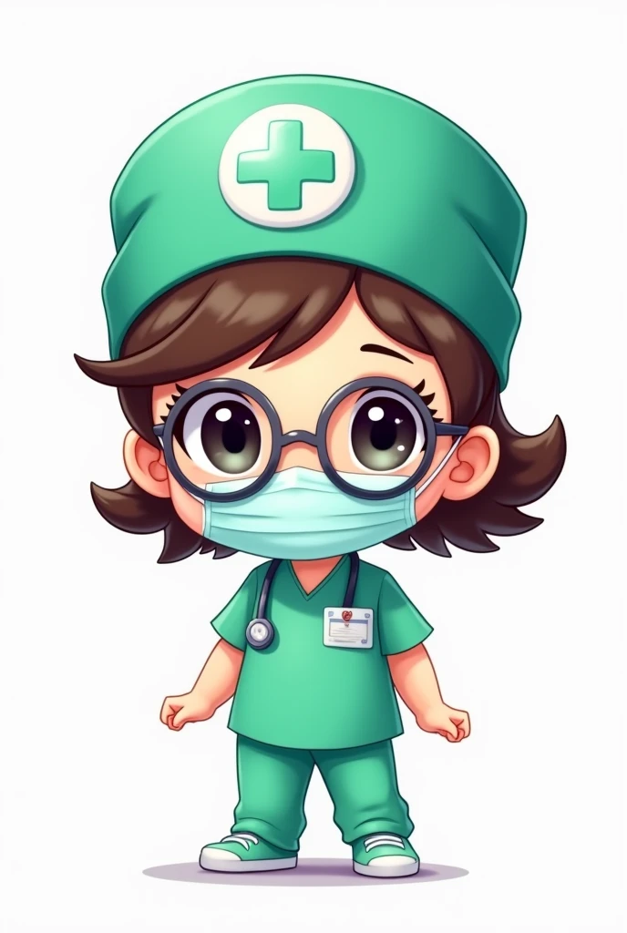 Cartoon chibi girl wearing a green medical hat, wearing a mask, wearing a green scrub, wearing gray glasses