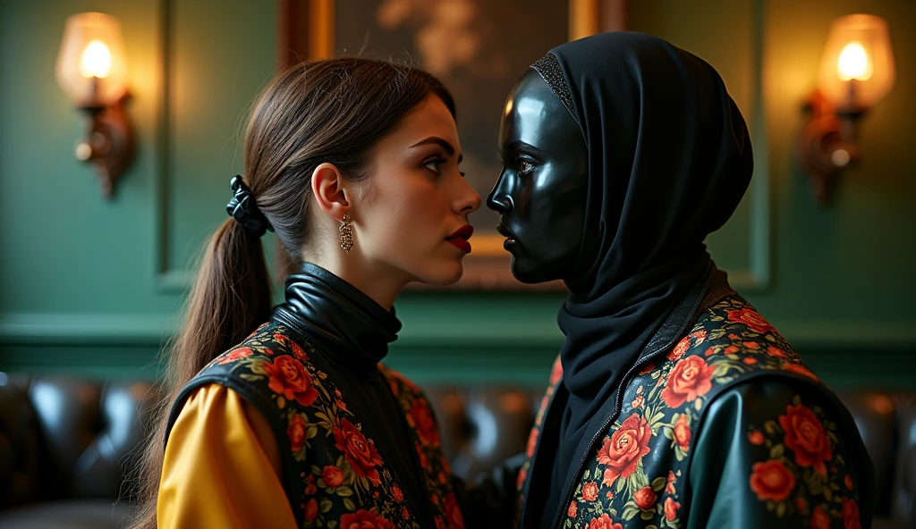 petting with each other, sensually touching, dark green brown surrounding with chesterfield lounge and spot lights, high collared closeup, moving closer, clothing with nubs and buffers, perforated eyemask, cafe, delicious ambience, colonial espresso, holed hijab pvc, transparent pvc gloves, flowery holed latex gothic black mask, high-gloss perforated satin leggings, shiny bandana, belted mouth black mask, shiny skirt leggings covered, high gloss legging trouser skirt pockets, knob-front, button placket, sweet woman wearing multi-layered high gloss clothing perforated, fluffy eyebrows insanely thick, arabesque glamour, beautiful mongolia, korean romper, holed latex trousers, colourful broad belt, printed rose hips, bow style glossy flowered headscarf fully covered, silky romper, flowery khimar satin floral hijab veils blouse tunic, very long sleeved latex clothing, floral mouth black mask, shiny flowery satin gothic latex black mask with knobs, wearing teal yellow mustard colored holed perforated layered shiny vest-blouse from top to bottom with knee length shiny boots and a floral latex leggings over the pleated romper with shiny high collar long tunic-blouse and pockets, close to each other, belt wide, floral satin high collared long sleeve blouse with buttons and knobs, high-necked rubber high collared long leg romper, leather coat, floral sunglasses, very high collared blouse made of satin and PU faux leather with shiny floral face black mask and pockets, so much floral satin high collared romper with button placket, long open button-front blouse hanging, satin high collar, satin gloves, plissee pleated glossy longskirt with knobs, pvc long trousers, buttoned pvc skirt, pockets, knobs, a lot of bows, flowery satin khimar knobbed, floral latex and leather khimar long buttoned, reading glasses, led lights, led stripes floral pink wall, coming closer, closeup portrait telephoto, shallow depth-of-field, eye cover, blindfold, headband, eye band, eye scarf, face veil,