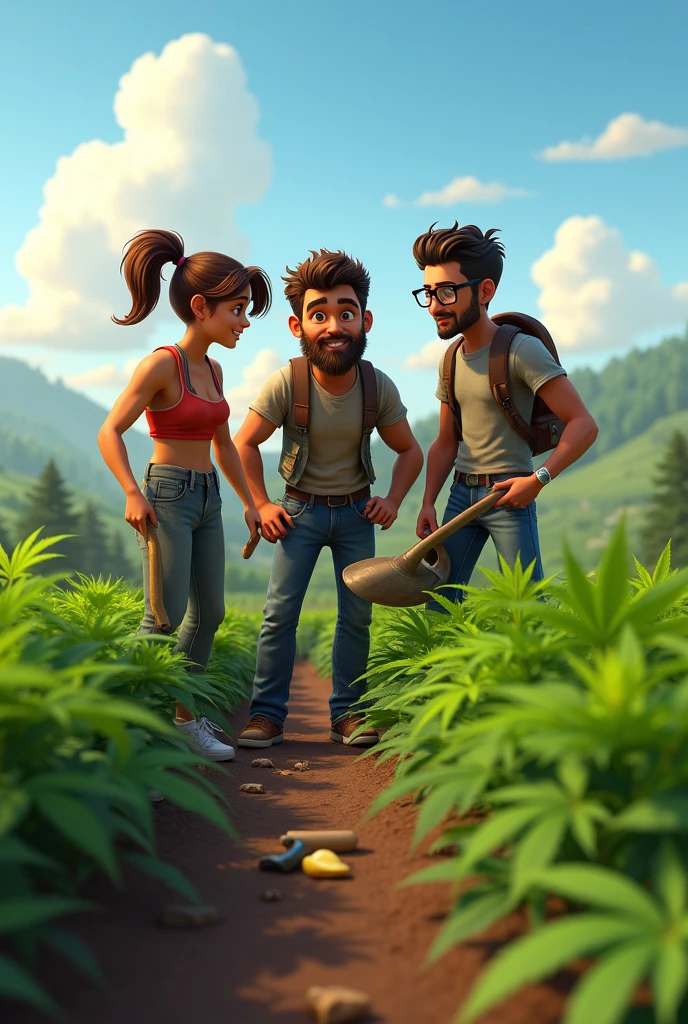 Generate me an image of 3 friends who clean marijuana fields